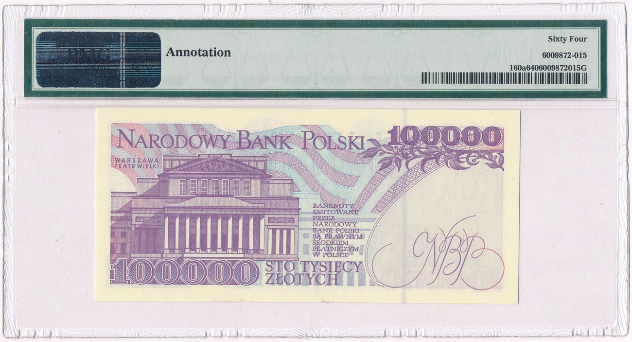 PRL. Banknot 100 000 złotych 1993 seria B PMG 64 PRÓBNY